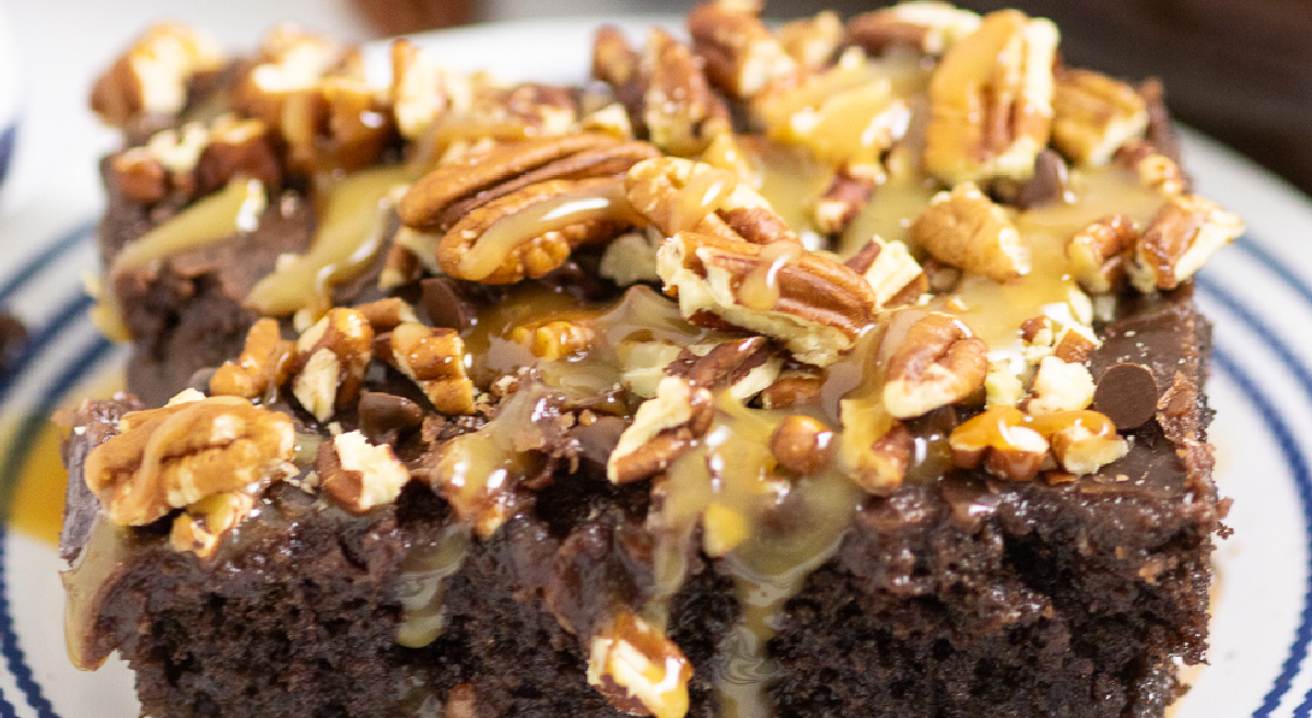 Indulgent Turtle Poke Cake Rich Chocolate Caramel And Pecans The